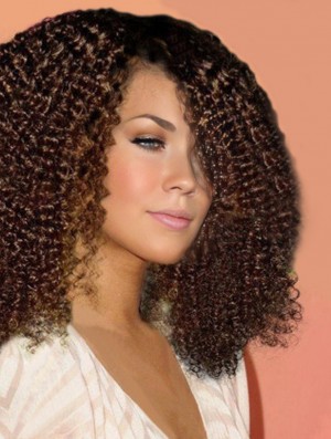 Auburn Schulter Spitze vorne mit Pony Kinky Curly Perücke