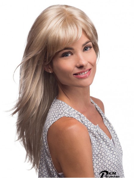 Lange blonde Perücke mit Pony Monofilament Synthetic Straight Style