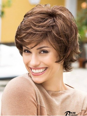 Kurze Monofilament Perücken Layered Cut Short Length Wavy Style Braune Farbe