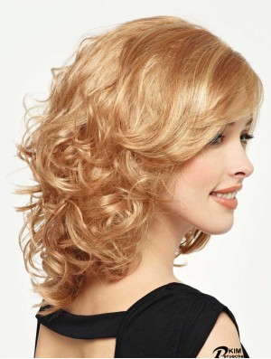 Lockige Perücke Mit Pony Schulterlange Blonde Farbe Mit Capless