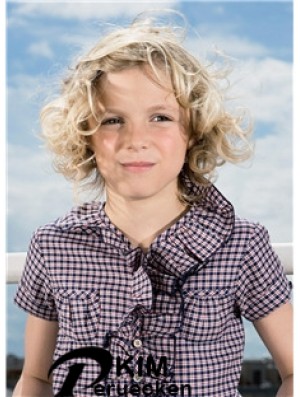 Curly Chin Length Blonde Synthetic 100% handgebundene Kinderperücken