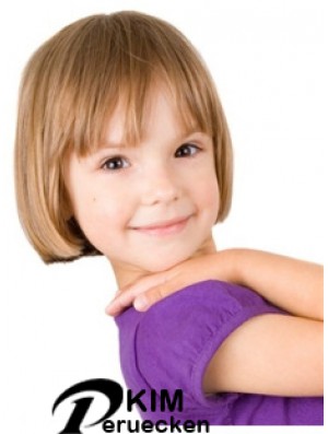 Straight Short Blonde Remy Echthaar 100% handgebundene Kinderperücken