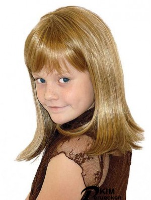 Gerade schulterlange blonde blonde synthetische 100% handgebundene Kinderperücken